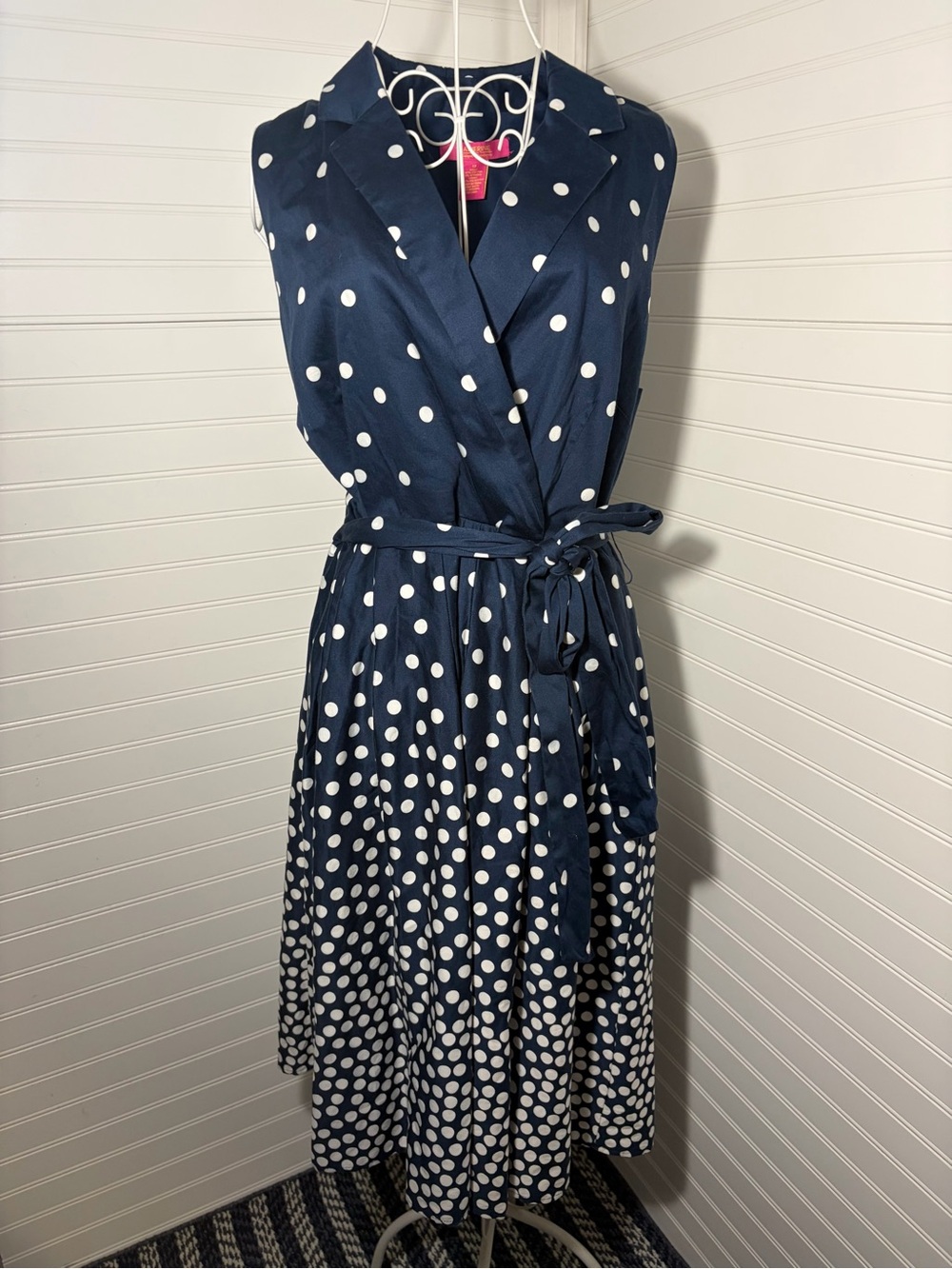 Catherine Malandrino Navy and White Polka Dot Faux Midi Wrap Dress